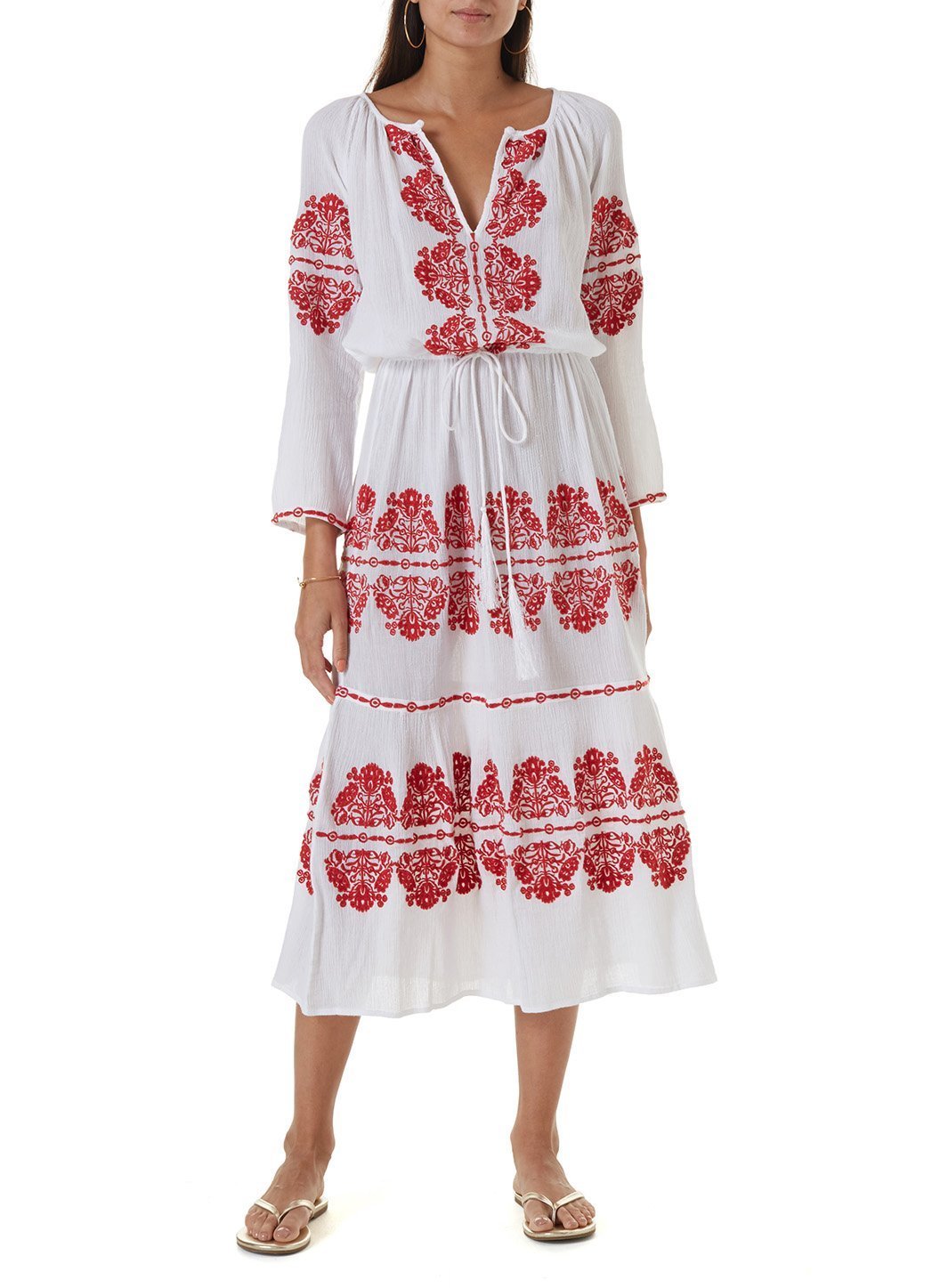 Red Kaftan Dress - White Flowers, LetsDressUp
