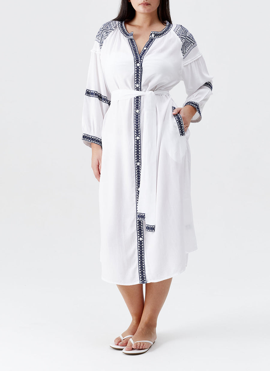 Ally White Navy Kaftan 2024 Curve Model Front