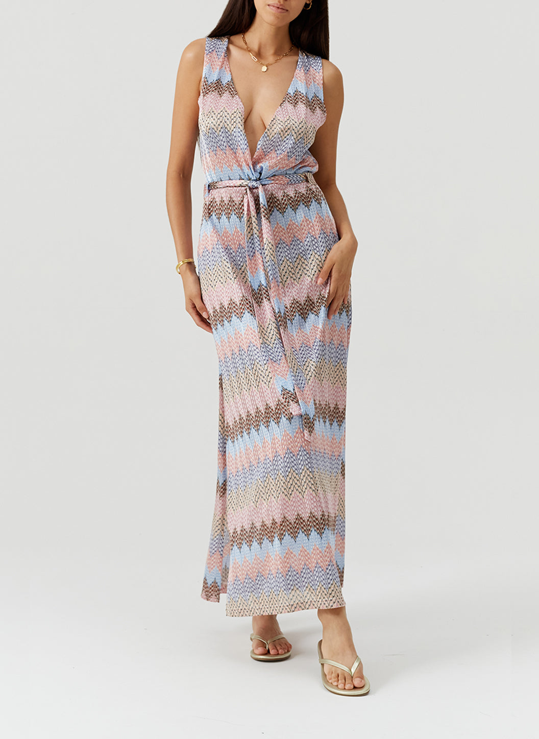 Bria Zigzag Stripe Plunge Neck Maxi Knit Dress | Official Site