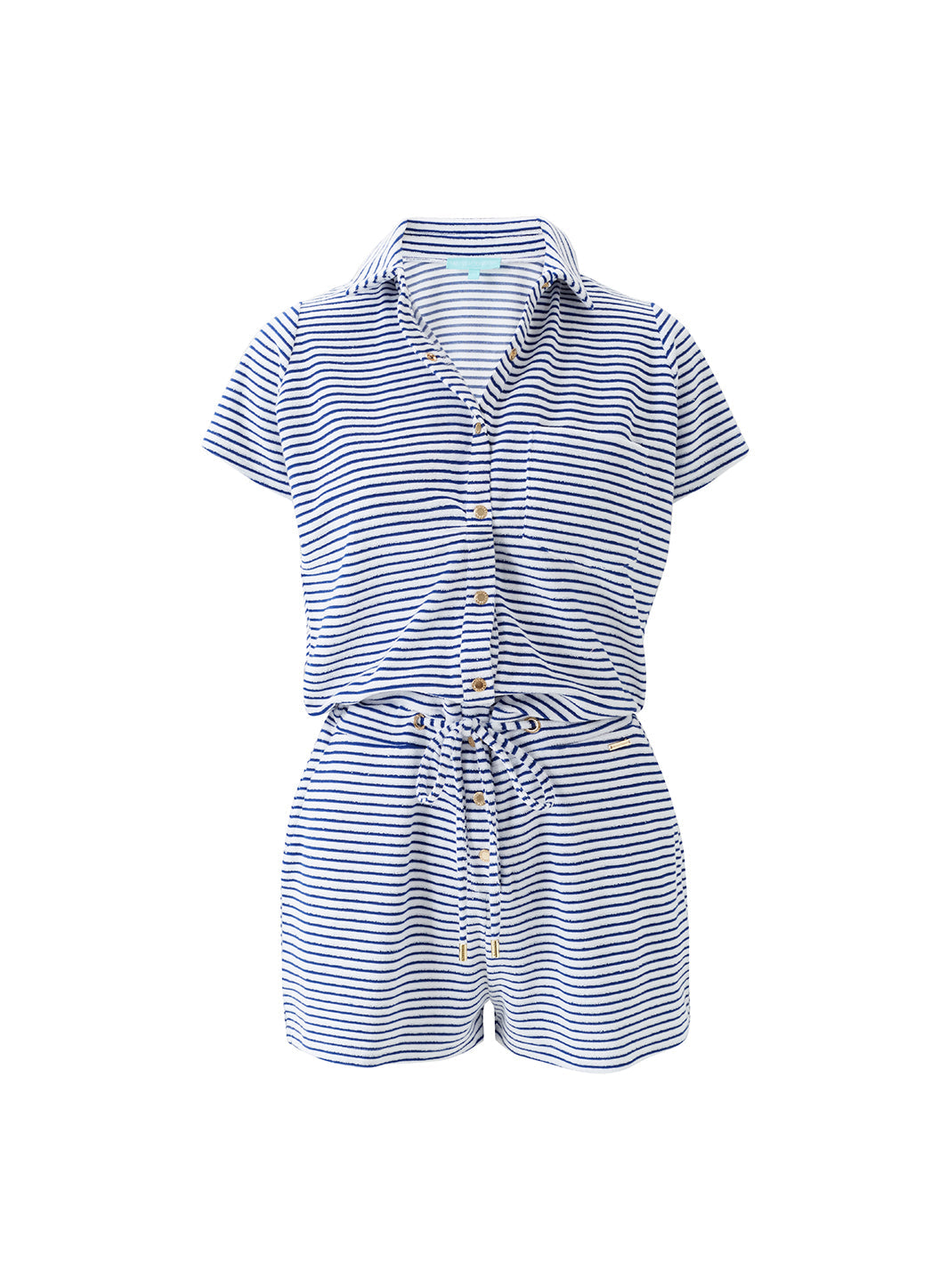 Cheryl Navy Stripe Terry Button Up Romper | Official Site