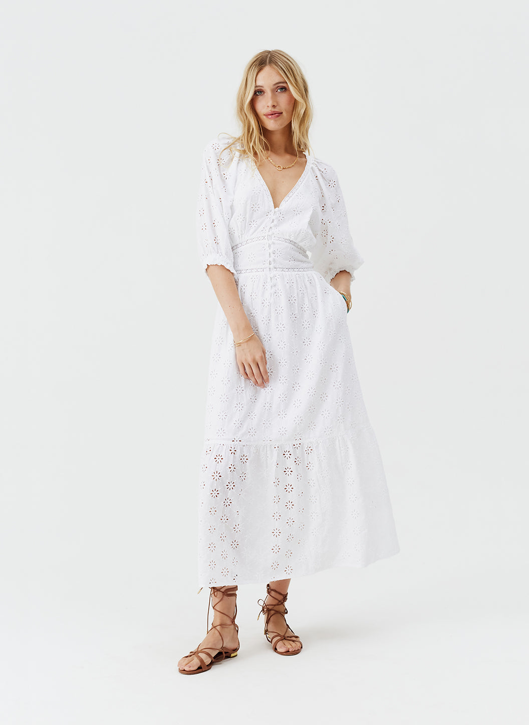 Daphne White Broderie Anglaise Midi Dress | Official US Site