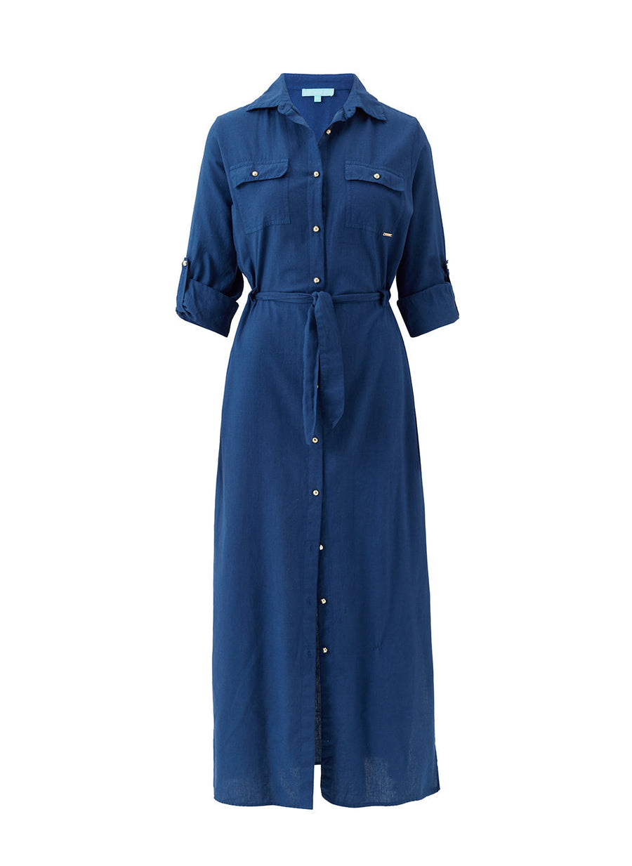 Darcy Marine Linen Midi Shirt Dress