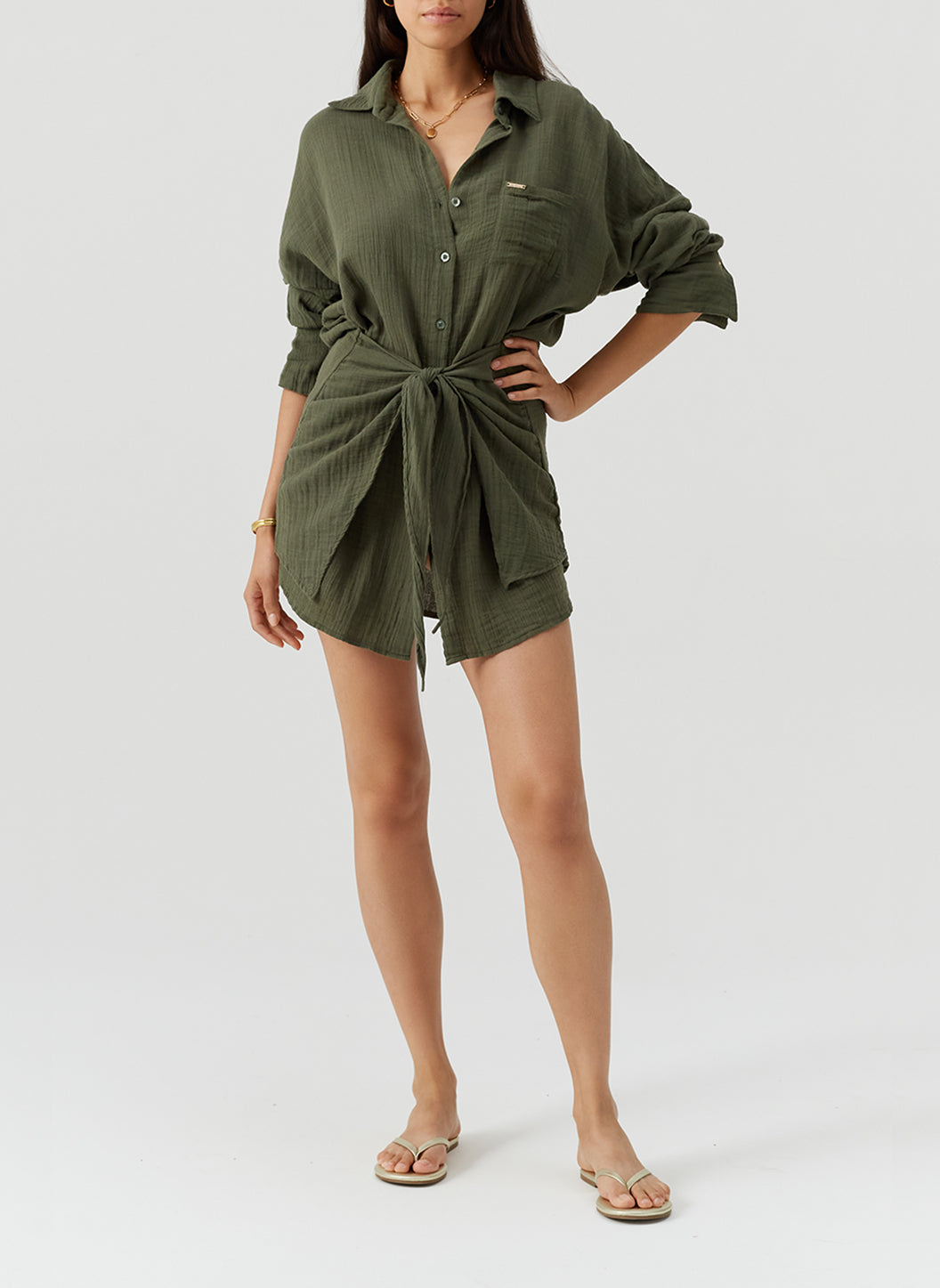 Sara Olive Tie Front Short Shirt Dress