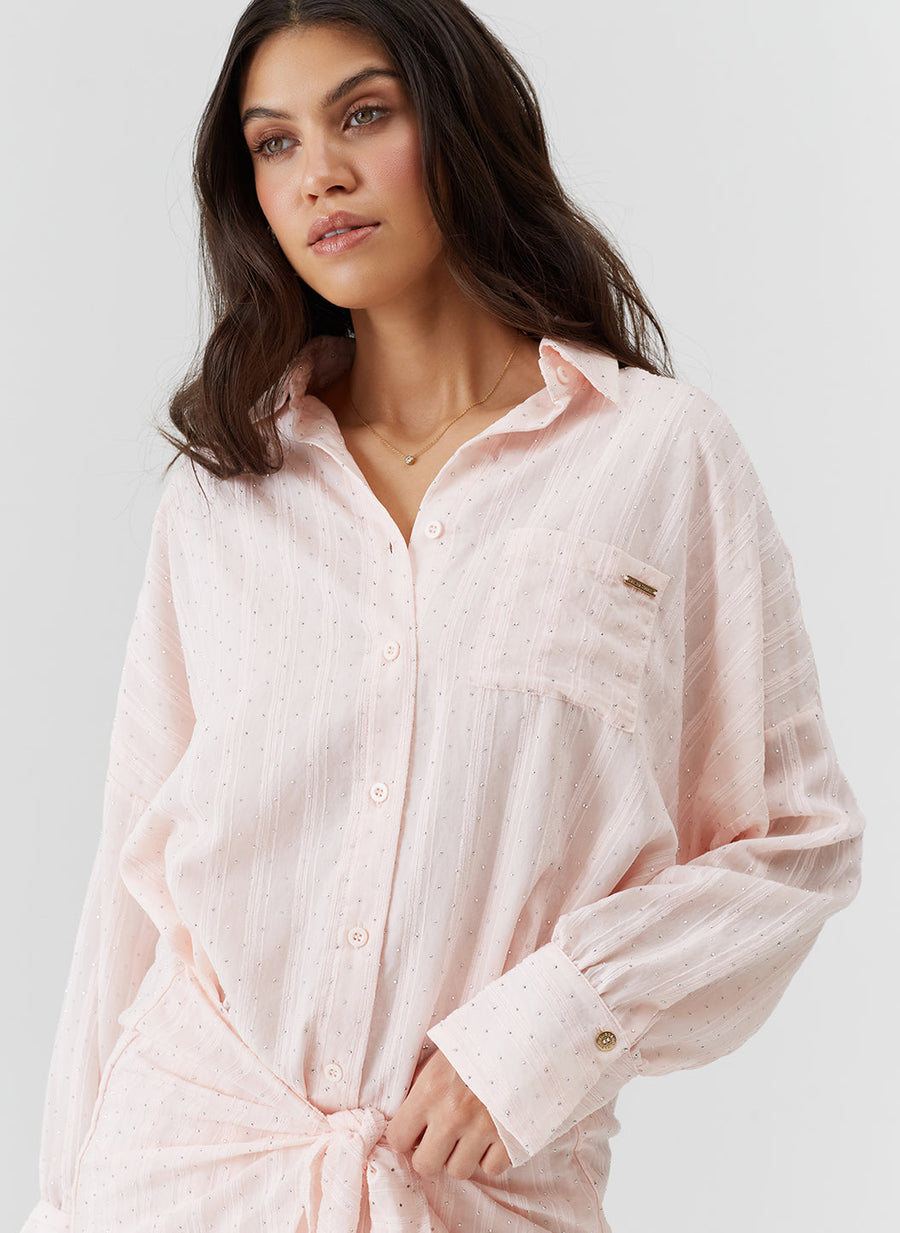 Sara Pale Pink Tie Front Short Shirt Dress