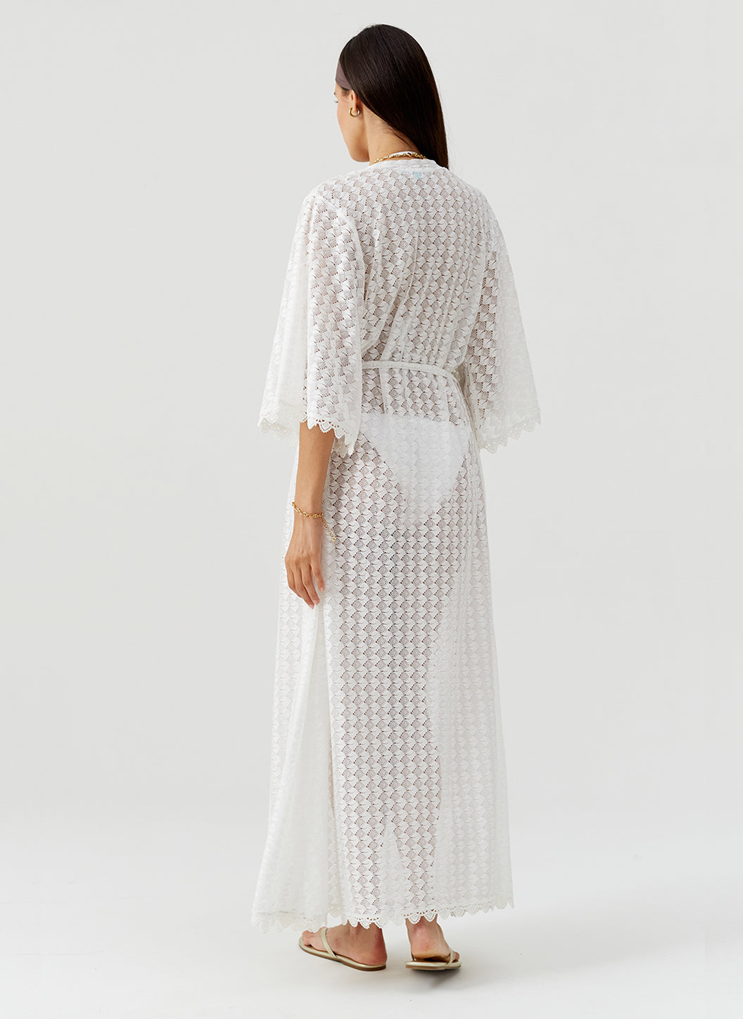 Tali White Open Front Long Crochet Kaftan | Official Site