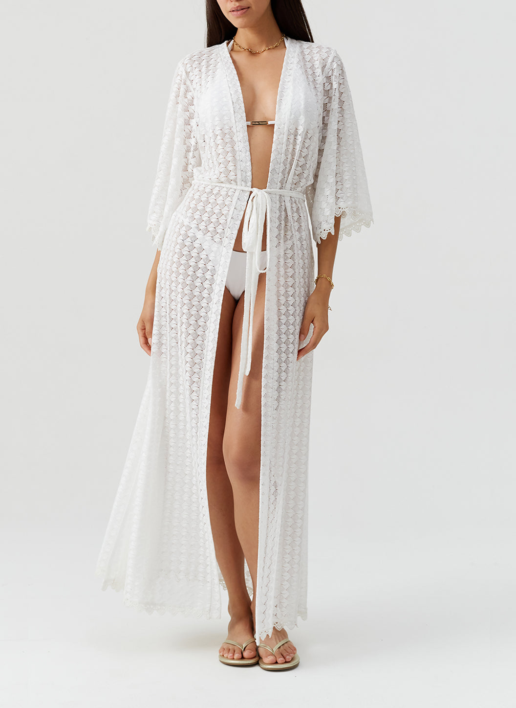Tali White Open Front Long Crochet Kaftan | Official Site