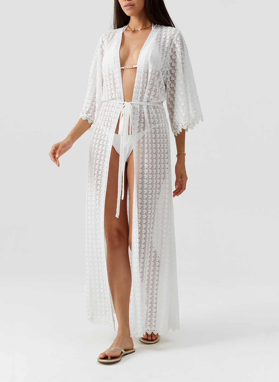 Tali White Open Front Long Crochet Kaftan | Official Site