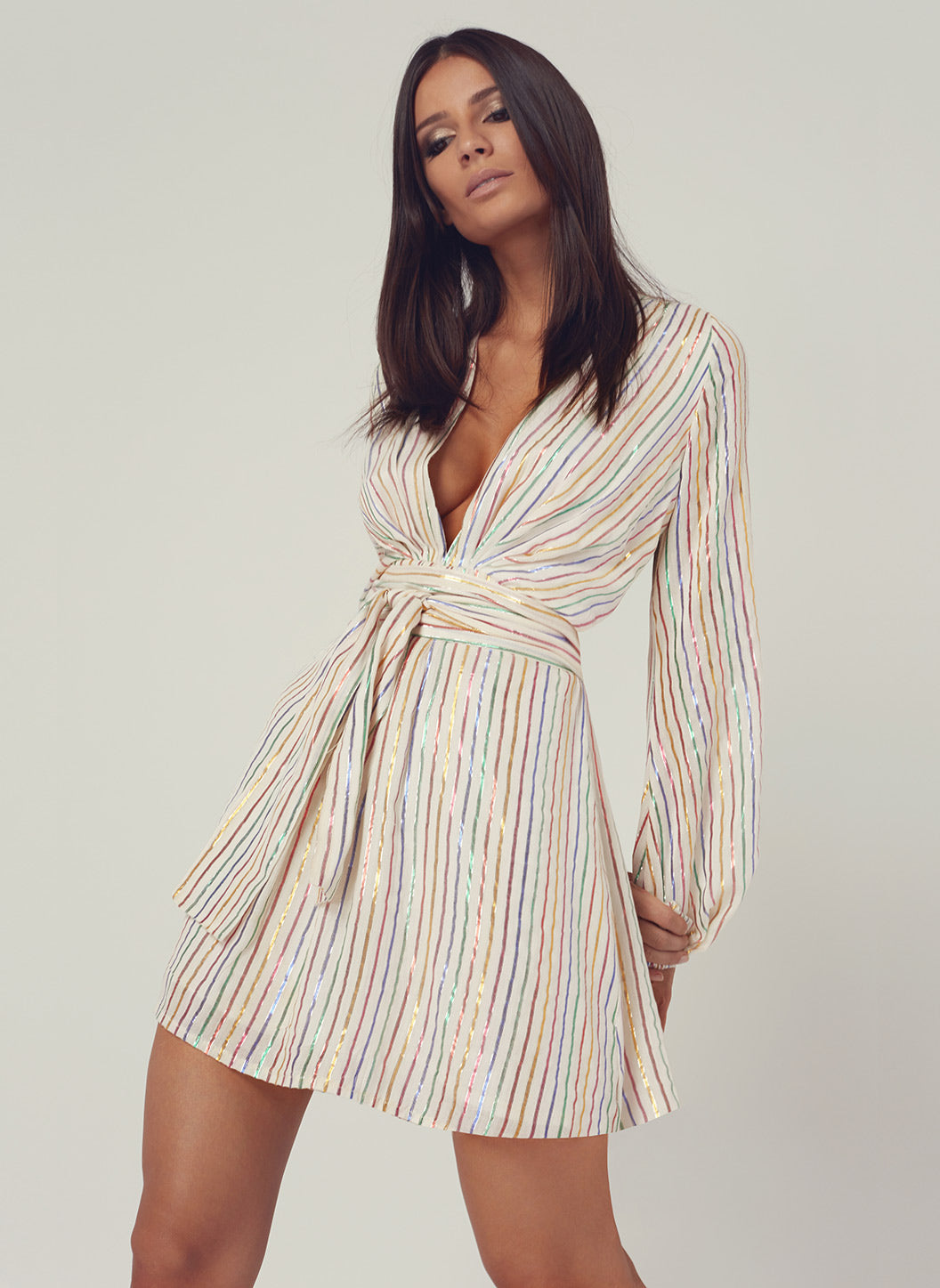 Look 1 Blouson Sleeve Mini Dress Multi Stripe - FINAL SALE