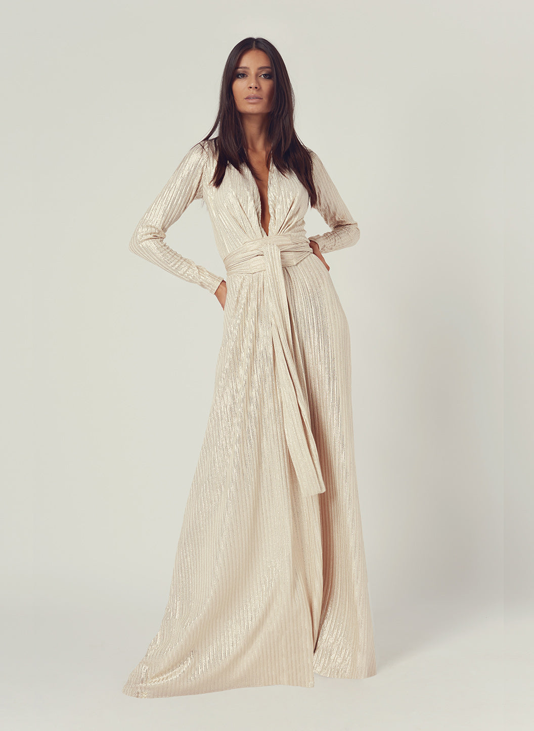Look 11 Deep V Belted Maxi Dress Gold - FINAL SALE
