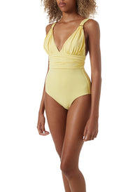 panarea yellow bar trim over the shoulder swimsuit model_P