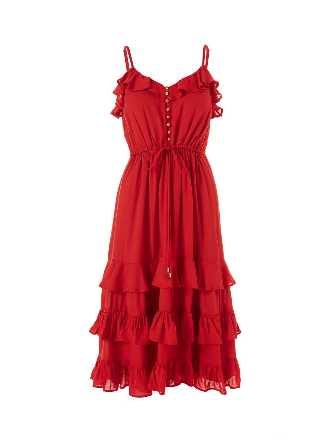 Bethan Red Frill Over The Shoulder Midi Dress