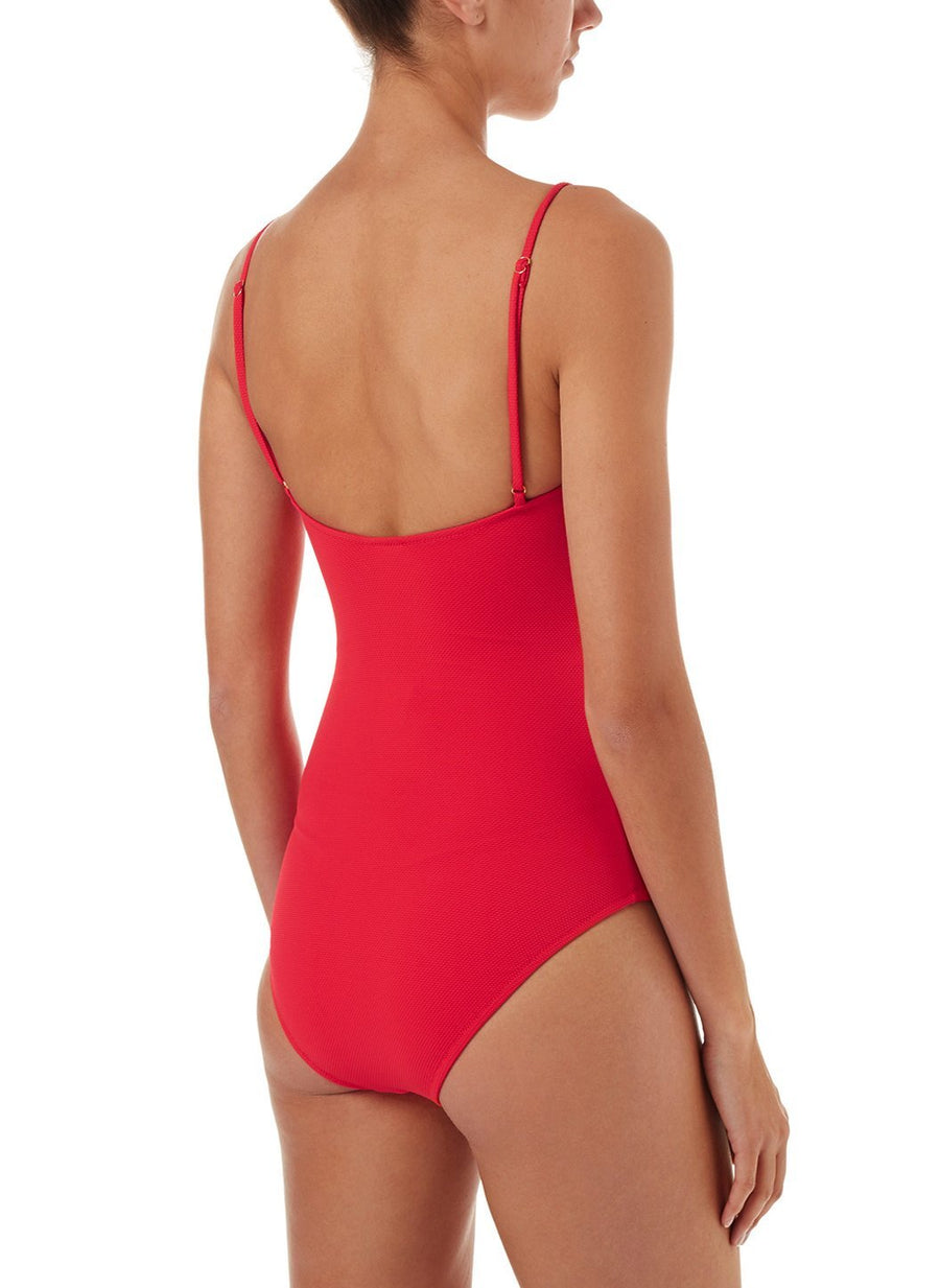 calabasas red pique overtheshoulder popper onepiece swimsuit 2019 B