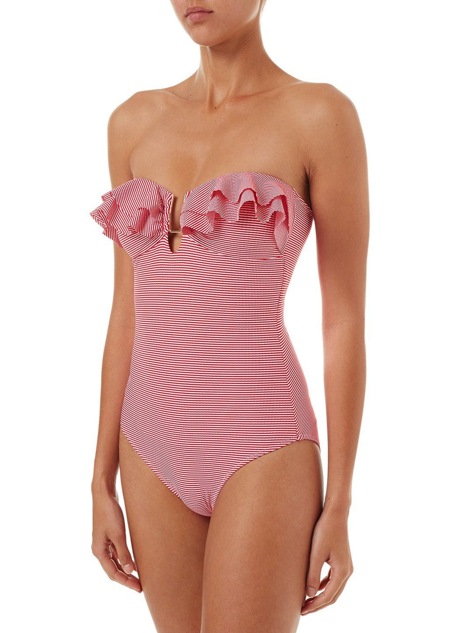corfu red gingham bandeau utrim frill onepiece bikini 2019 F