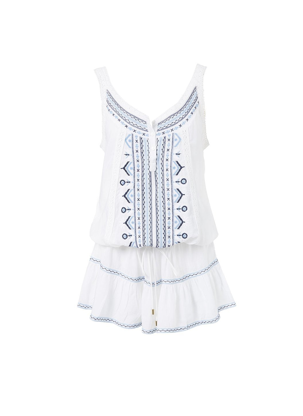 Jaz White/Blue Embroidered Over The Shoulder Short Beach Dress