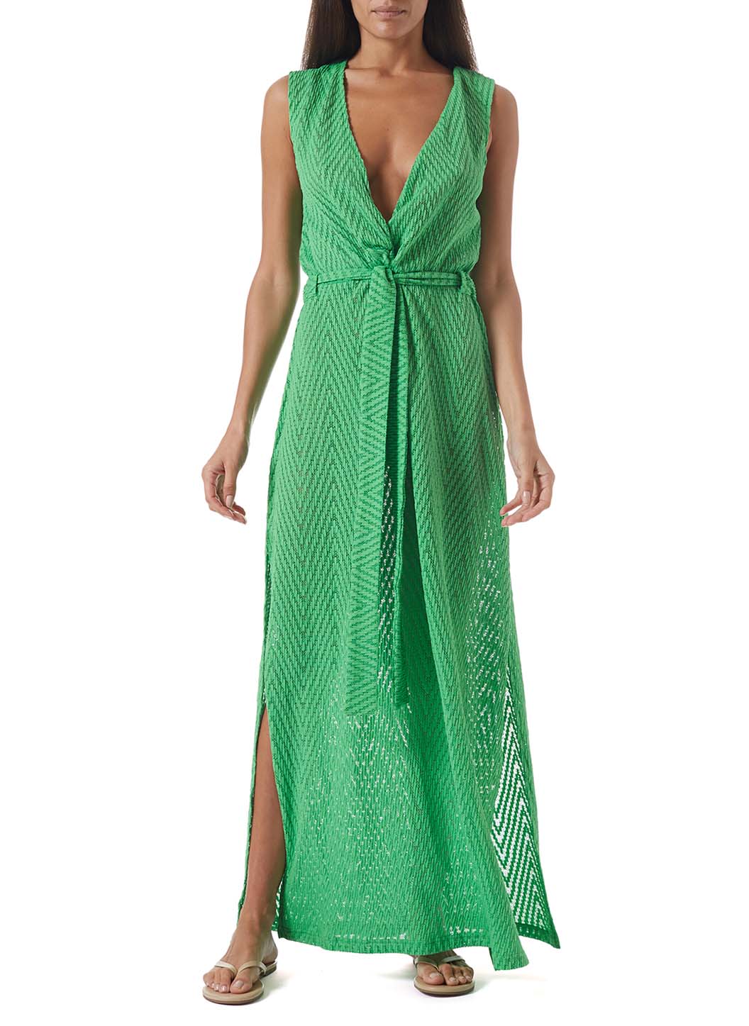 jenny green knit belted long dress model_F