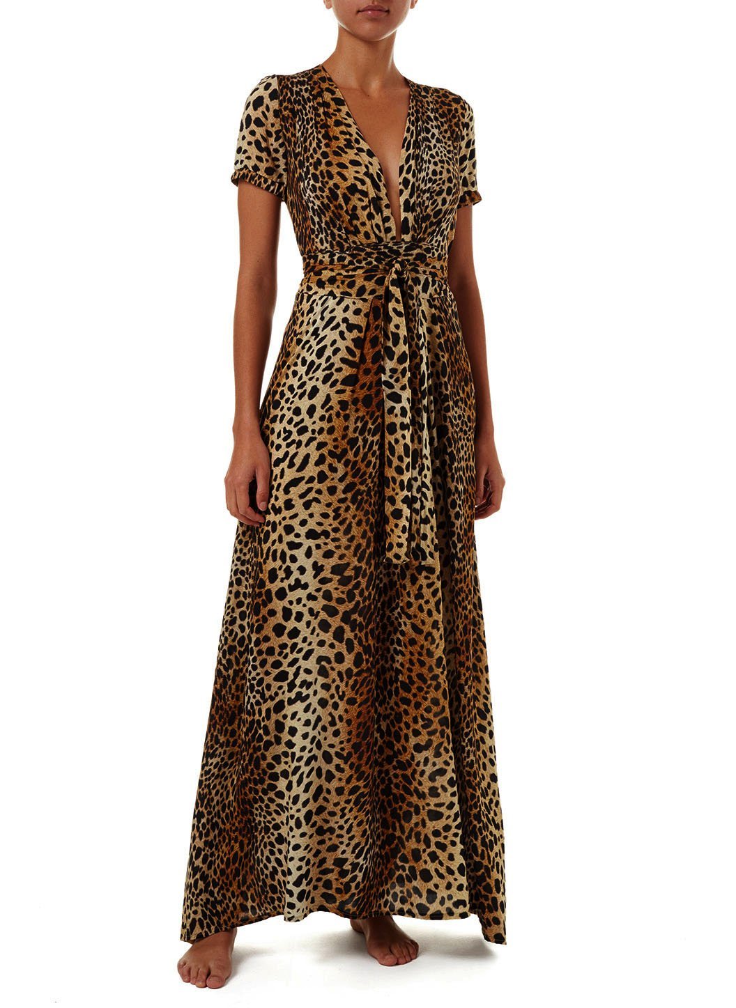 Lou Cheetah V Neck Short Sleeve Belted Maxi Dress | Official