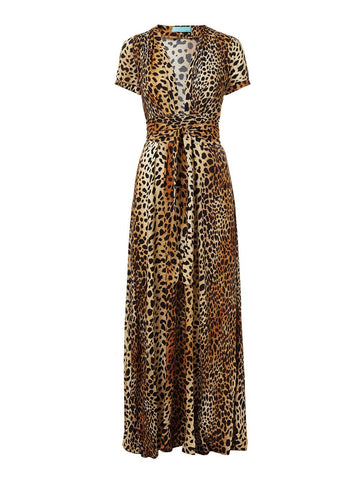 Lou Cheetah Print V-Neck Short Sleeve Belted Maxi Beach Dress | Melissa ...