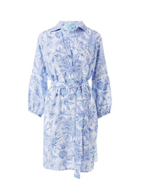 missie blue tropical belted button down short dress
