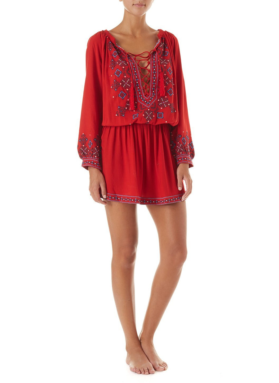 nadja red embroidered 34sleeve short dress 2019 F