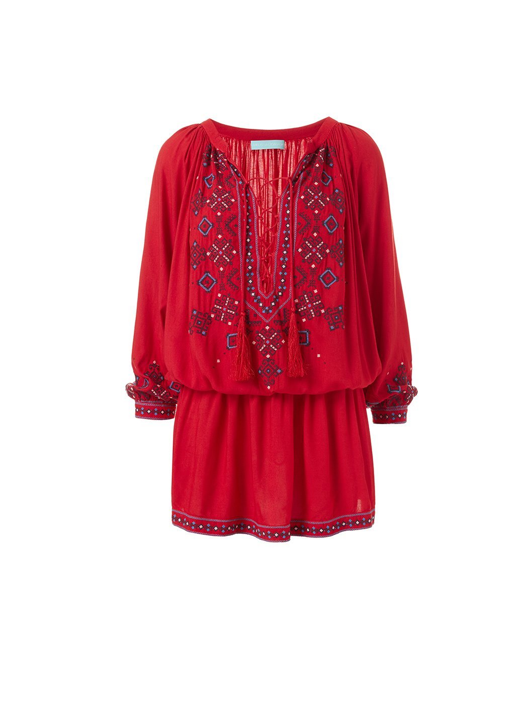 Nadja Red Embroidered 3/4 Sleeve Short Beach Dress