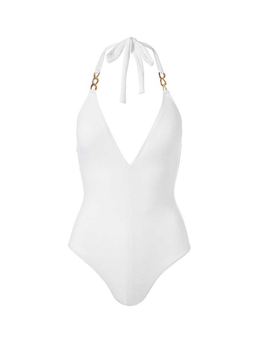 Melissa Odabash Naples White Mazy Link Trim Halterneck Swimsuit