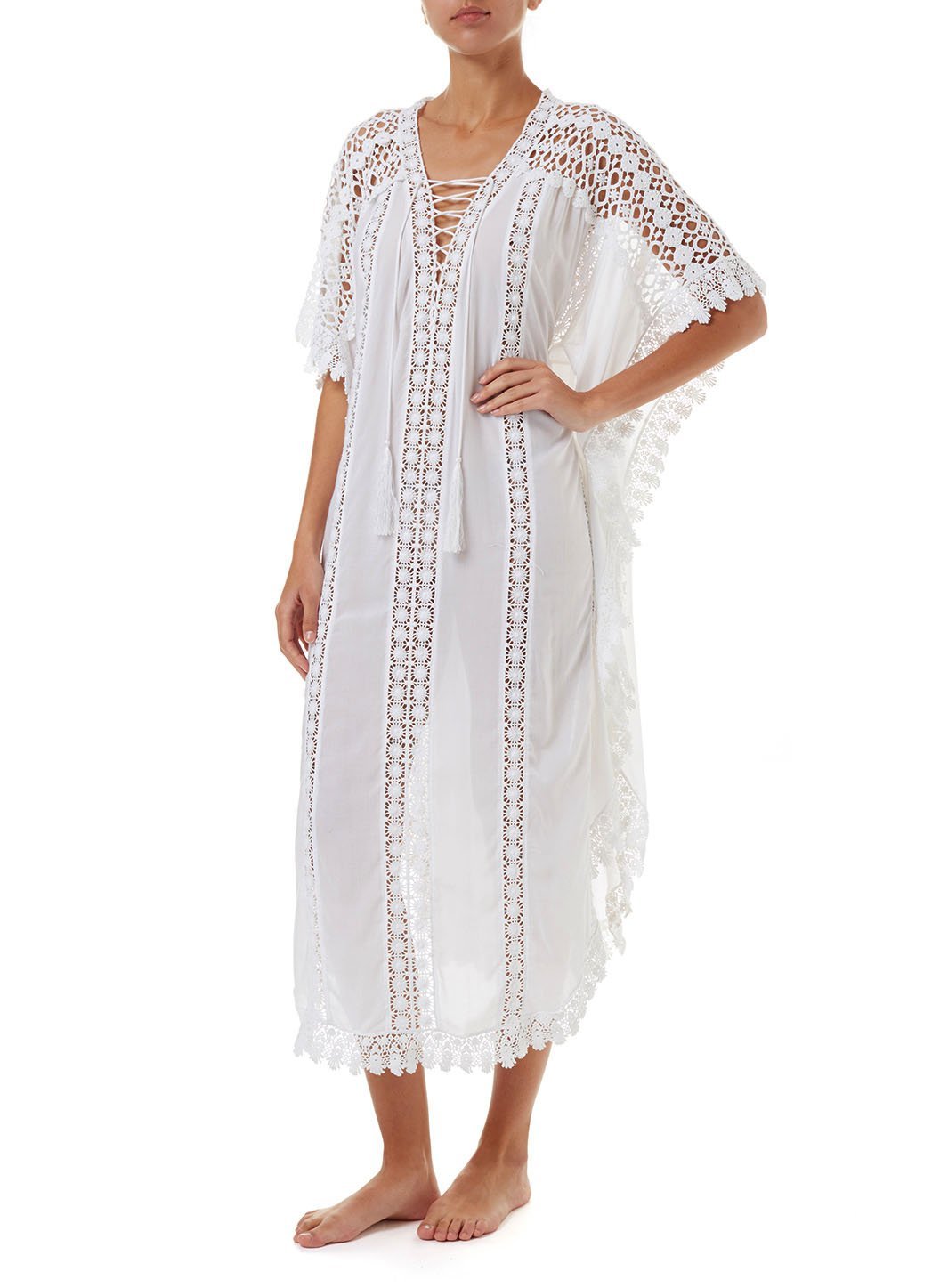 訳あり・アウトレット特集 Embroidered Lace White Nicki V Official | Kaftan Maxi Neck ワンピース