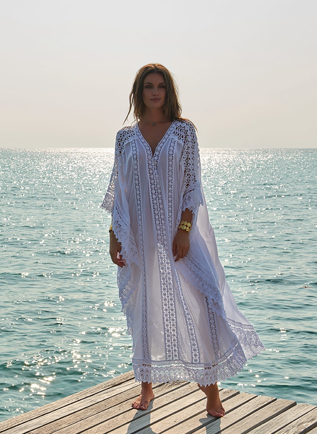 Nicki White Lace Embroidered V Neck Maxi Kaftan | Official
