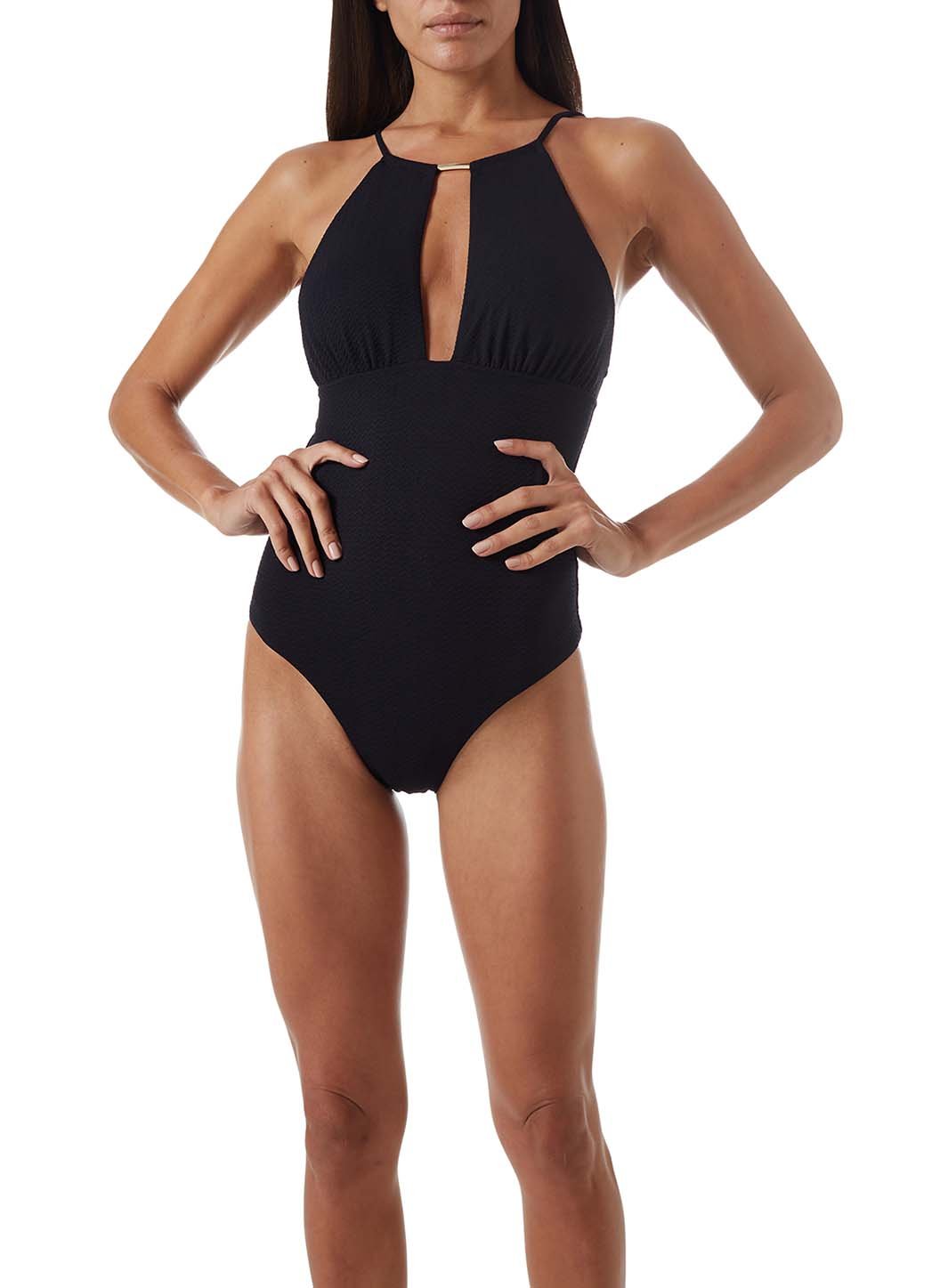 phuket black mazy branded trim over the shoulder swimsuit model_P