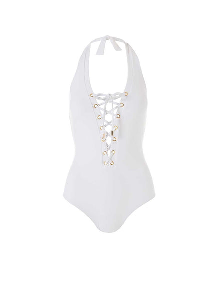 Coco pleats swimwear【white】 Racerback Swimsuit in White & Navy - Core Swimwear