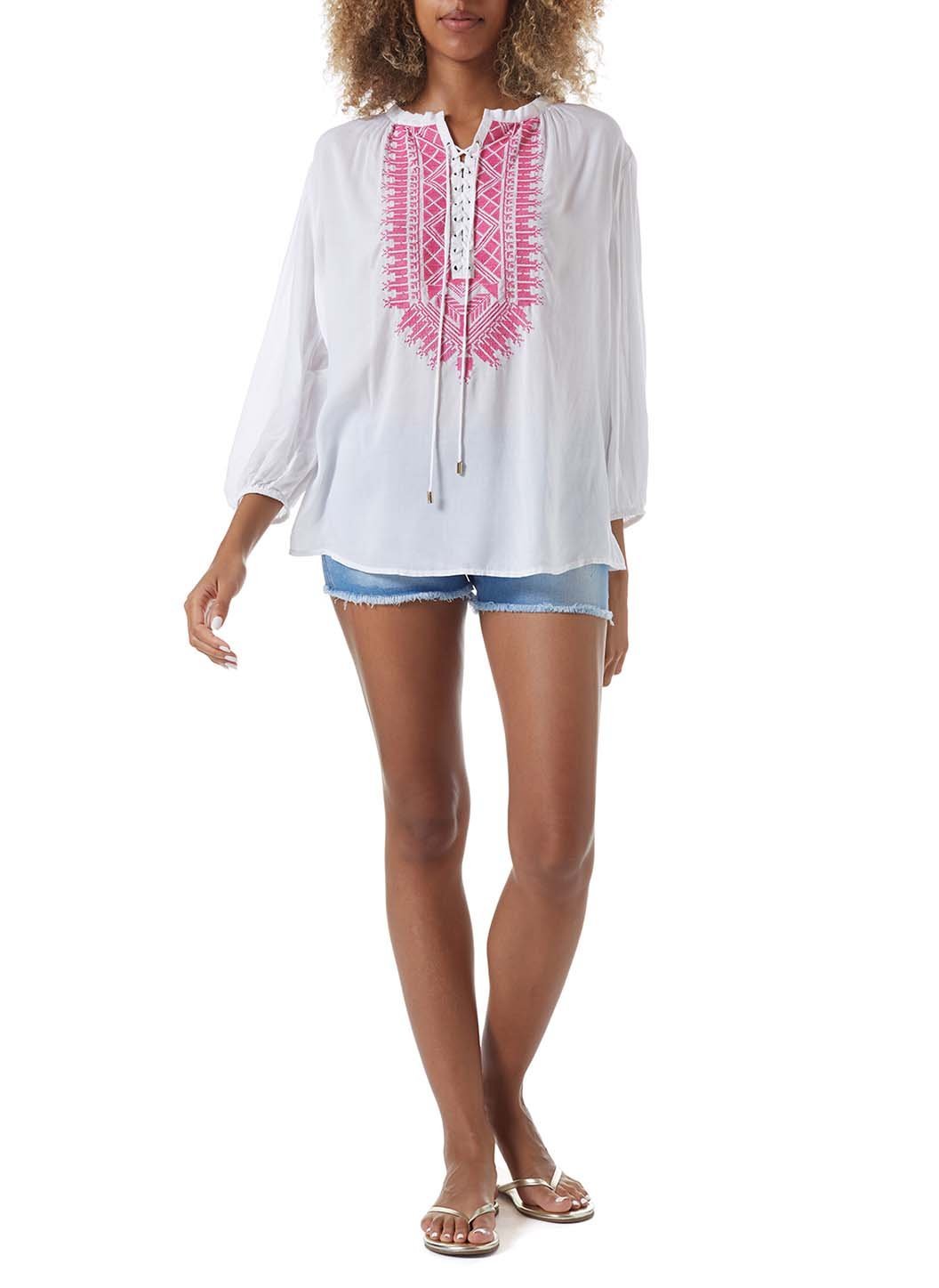 simona white hot pink embroidered top model_F